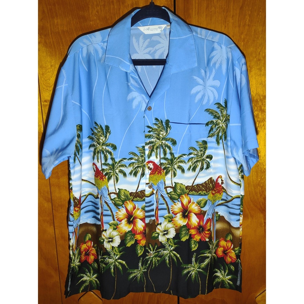 Uluwatu Mens Hawaiian Shirt Large Blue Parrot Tropical Palm Tree Bali Button Up